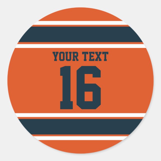 Personalized Orange and Dark Blue Sports Stripes Classic Round Sticker (Front)