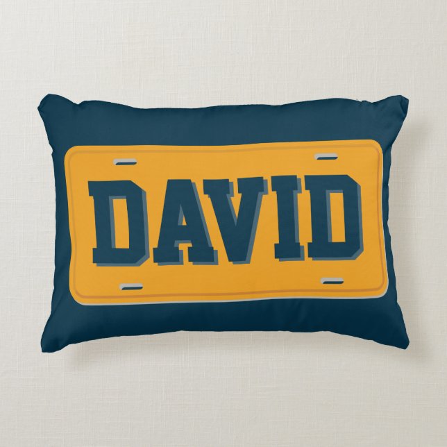 Personalized Orange and Navy Blue License Plate Accent Pillow (Front)