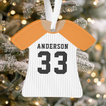 Personalized Orange and White Baseball Jersey Ornament<br><div class="desc">Celebrate your baseball star with this personalized orange and white pinstripe jersey ornament. Perfect for commemorating a special season,  player,  or team. Customize it with a name and number to create a unique keepsake.</div>