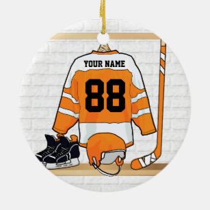 Personalized Orange and White Ice Hockey Jersey Ceramic Ornament