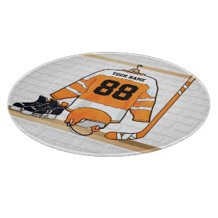 Personalized Orange and White Ice Hockey Jersey Cutting Board