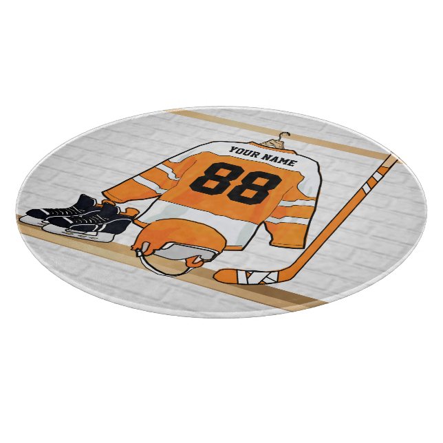 Personalized Orange and White Ice Hockey Jersey Cutting Board (Corner)