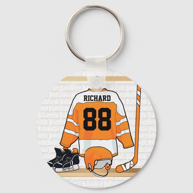 Personalized Orange and White Ice Hockey Jersey Keychain (Front)