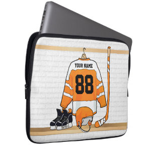 Personalized Orange and White Ice Hockey Jersey Laptop Sleeve