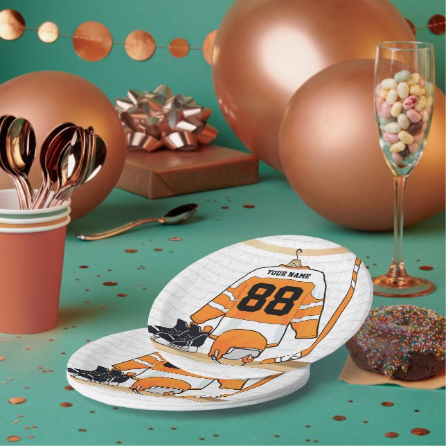 Personalized Orange and White Ice Hockey Jersey Paper Plate (Multi)