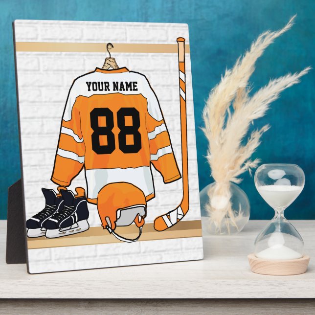 Personalized Orange and White Ice Hockey Jersey Plaque (Side)