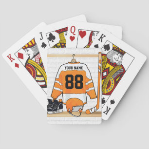 Personalized Orange and White Ice Hockey Jersey Playing Cards