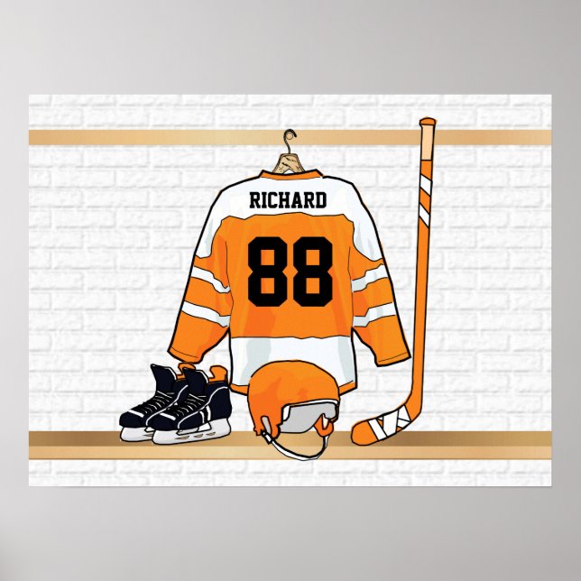 Personalized Orange and White Ice Hockey Jersey Poster (Front)