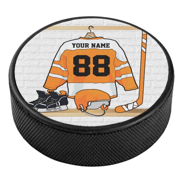 Personalized Orange and White Ice Hockey Jersey Puck (3/4)