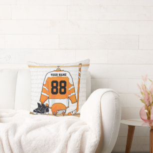 Personalized Orange and White Ice Hockey Jersey Throw Pillow