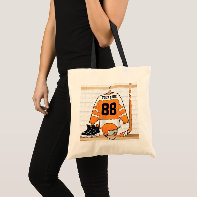 Personalized Orange and White Ice Hockey Jersey Tote Bag (Front (Product))