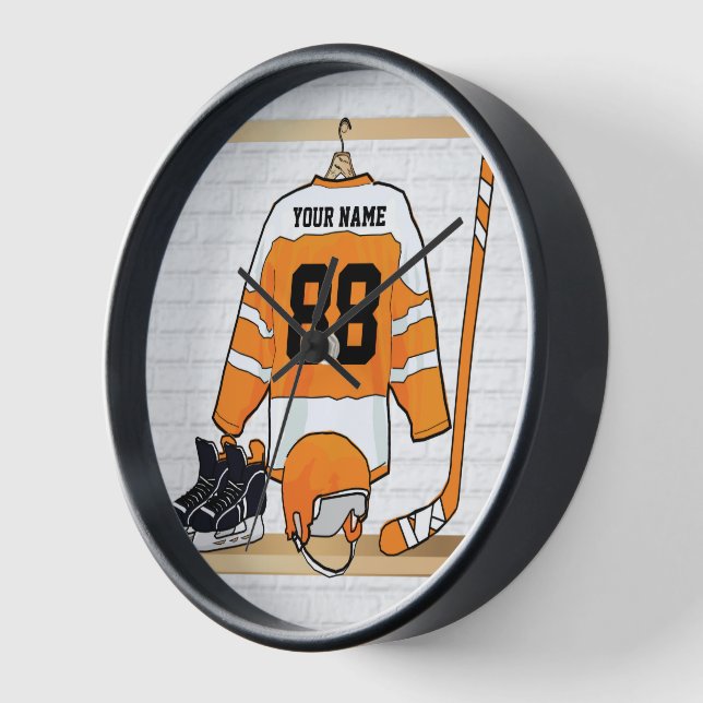Personalized Orange and White Ice Hockey Jersey Wall Clock (Angle)