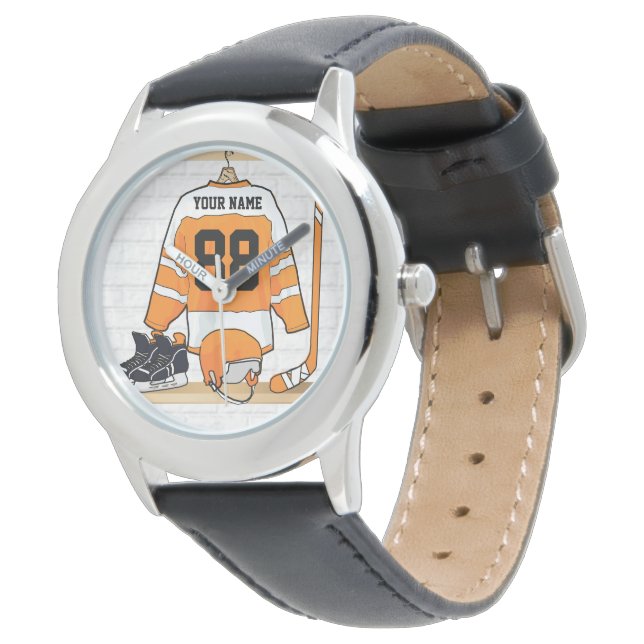 Personalized Orange and White Ice Hockey Jersey Watch (Angled)