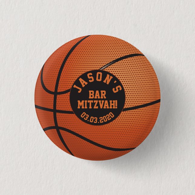 Personalized Orange Basketball Bar Mitzvah Favor 1 Inch Round Button (Front)