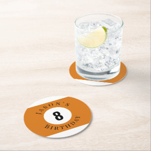 Personalized Orange Billiard Pool Ball Birthday Round Paper Coaster