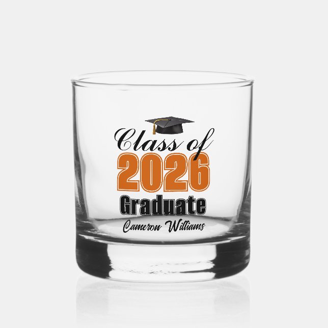 Personalized Orange Black Class of 2026 Graduation Whiskey Glass (Front)