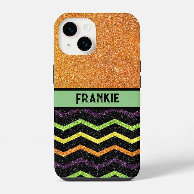 Personalized Orange & Black Glitter Zig Zag iPhone Case (Back)