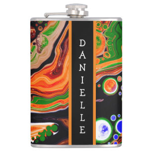 Personalized Orange, Blue, Green, Black Fluid Art Hip Flask