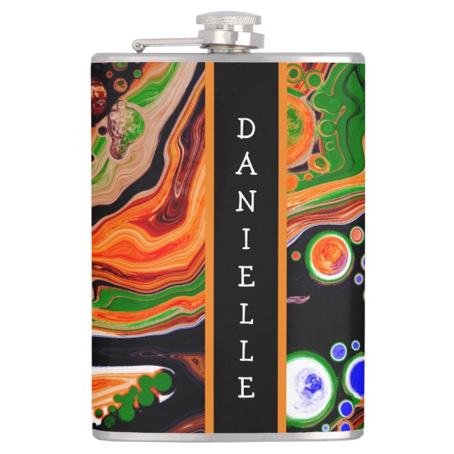 Personalized Orange, Blue, Green, Black Fluid Art  Hip Flask (Front)