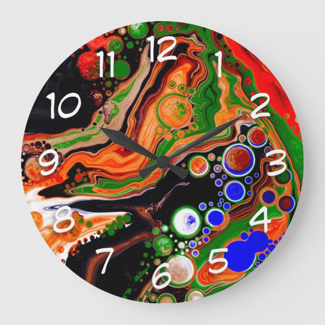 Personalized Orange, Blue, Green, Black Fluid Art  Large Clock (Front)