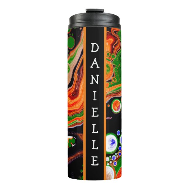 Personalized Orange, Blue, Green, Black Fluid Art  Thermal Tumbler (Front)