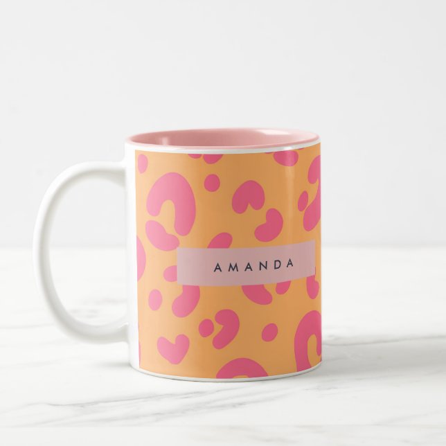 Personalized Orange Bold Pink Leopard Print Two-Tone Coffee Mug (Left)