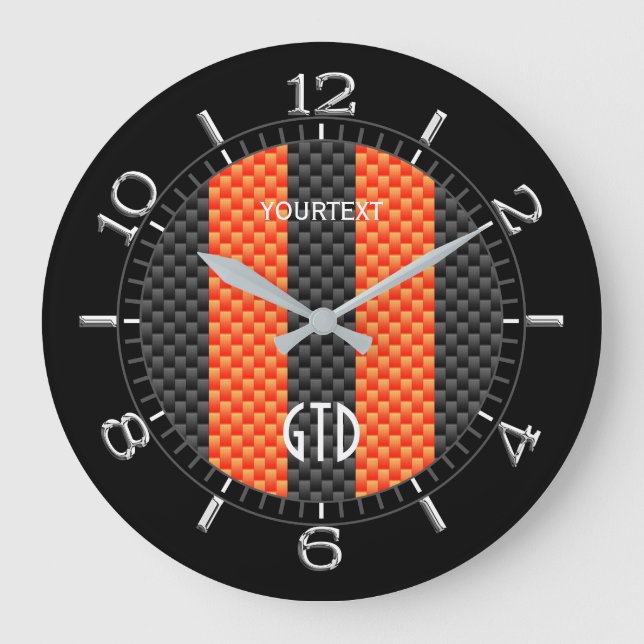 Personalized Orange Carbon Style Racing Stripes Large Clock (Front)