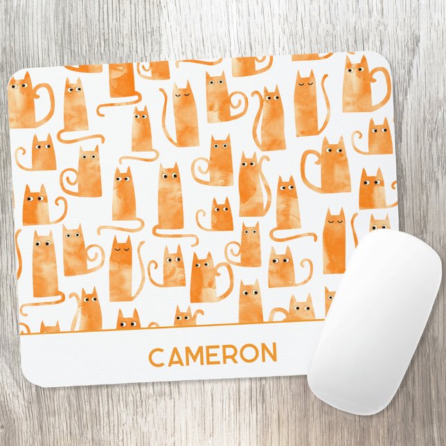 Personalized Orange Cat Mouse Pad (Personalized custom name watercolor orange ginger cat mouse mat)