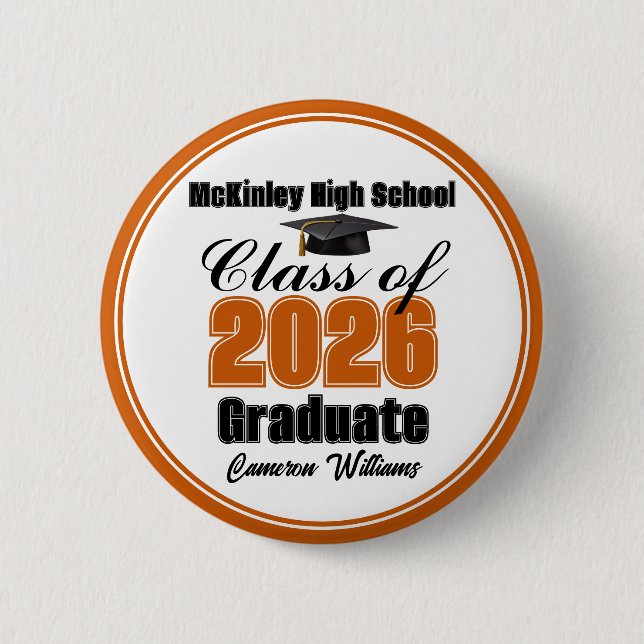 Personalized Orange Class of 2026 Graduation Party 2 Inch Round Button (Front)