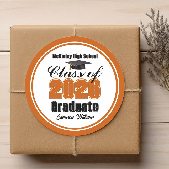 Personalized Orange Class of 2026 Graduation Party Classic Round Sticker (Creator Uploaded)