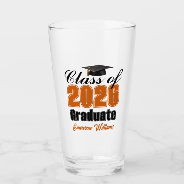 Personalized Orange Class of 2026 Graduation Party Glass (Front)