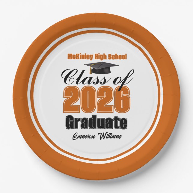 Personalized Orange Class of 2026 Graduation Party Paper Plate (Front)