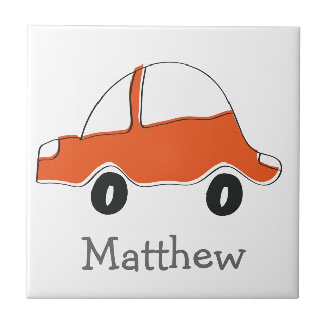 Personalized orange doodle car baby shower, kids tile (Front)