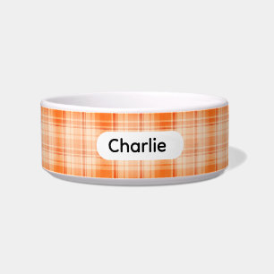 Personalized Orange Farmhouse Style Plaid Pet Bowl