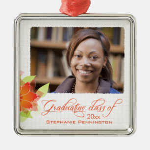 Personalized orange floral photo graduation metal ornament