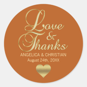 Personalized ORANGE Gold LOVE & THANKS Wedding Classic Round Sticker