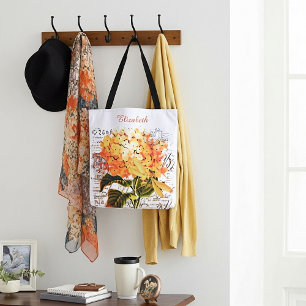 Personalized Orange hydrangea and dragonfly Tote Bag