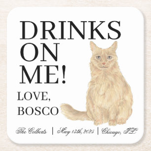Personalized Orange Maine Coon Cat Wedding Square Paper Coaster