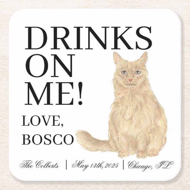 Personalized Orange Maine Coon Cat Wedding Square Paper Coaster (Front)