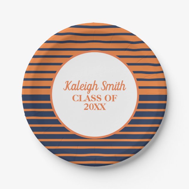Personalized Orange Navy Blue Striped Graduation Paper Plate (Front)