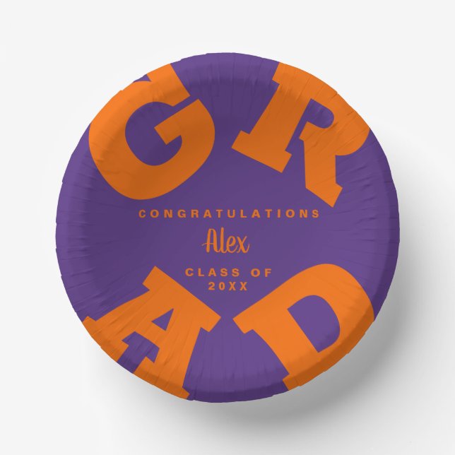 Personalized Orange on Purple Graduation Paper Plate (Front)