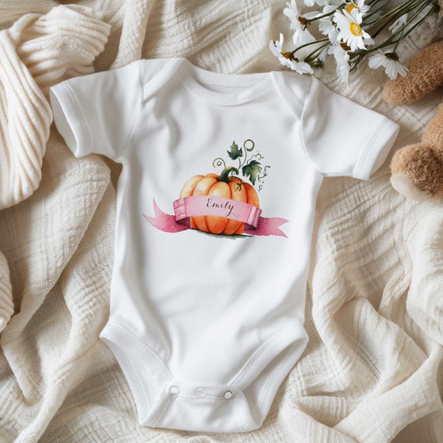 Personalized Orange & Pink Pumpkin  Baby Bodysuit (Pumpkin one piece for baby personalized with name by VG Invites)