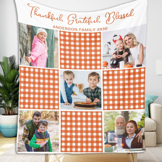 Personalized Orange Plaid Plaid 5 Photo Collage Fleece Blanket (Creator Uploaded)