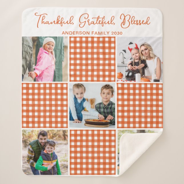 Personalized Orange Plaid Plaid 5 Photo Collage  Sherpa Blanket (Front)