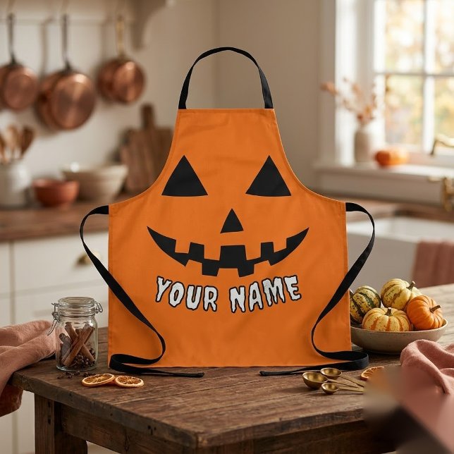 Personalized Orange Pumpkin Halloween Your Name Apron (Creator Uploaded)