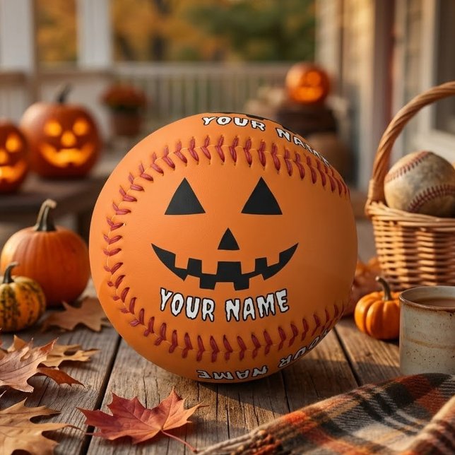 Personalized Orange Pumpkin Halloween Your Name Baseball (Creator Uploaded)