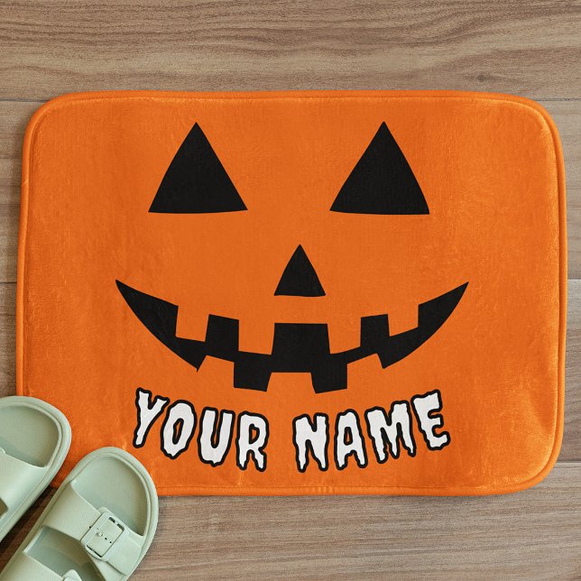 Personalized Orange Pumpkin Halloween Your Name Bath Mat (Creator Uploaded)