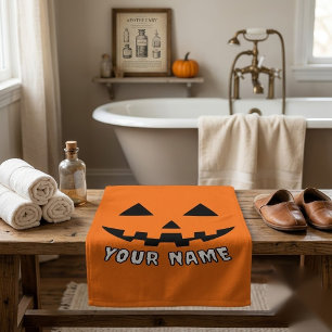 Personalized Orange Pumpkin Halloween Your Name Bath Towel