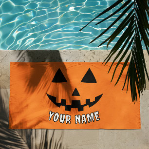 Personalized Orange Pumpkin Halloween Your Name Beach Towel
