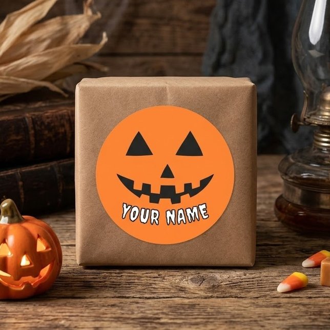 Personalized Orange Pumpkin Halloween Your Name Classic Round Sticker (Creator Uploaded)